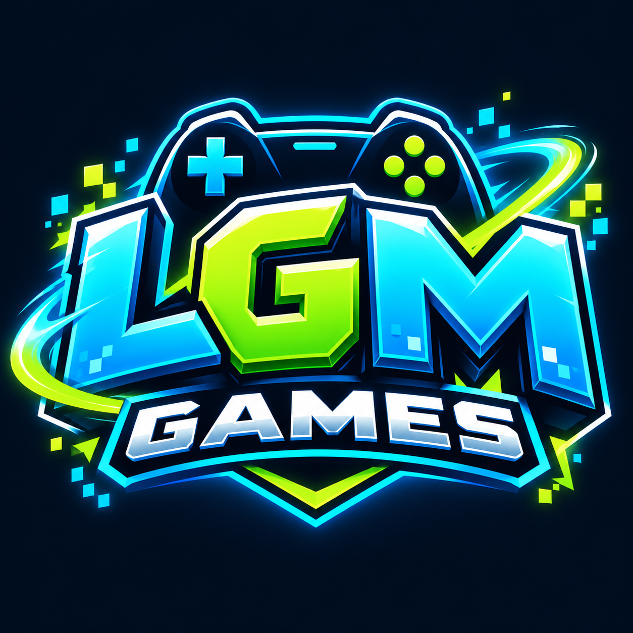 Official LGM Games neon cyan and lime gaming logo